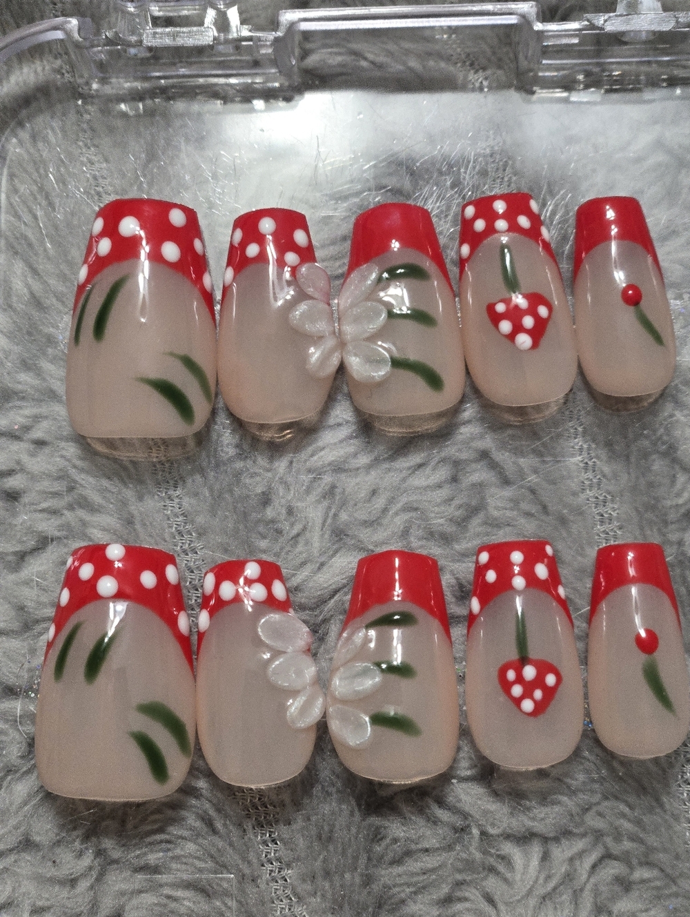 Red Polka Dot Floral Acrylic Press-On Nail Set, Short Length Cofin Shape
